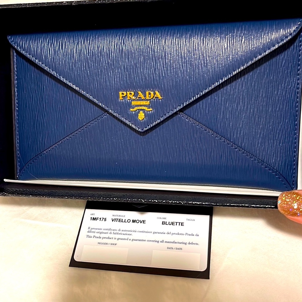Prada Bluette Vitello Move Leather Long Envelope Wallet 1MF175